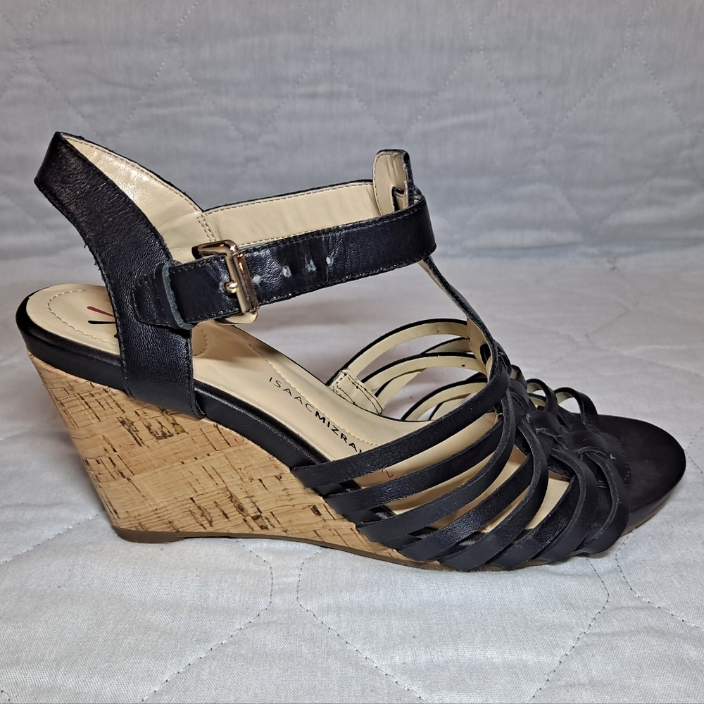 Isaac Mizrahi Live Wedge Dress Sandals Women's 6.5W Black Leather Adj. Straps